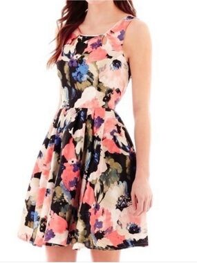 Danny & Nicole Coral, Black & Blue Floral Fit-and-Flare Dress